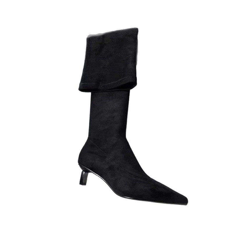 Women’s knee boots with folded shaft, pointed toe shape and kitten heel Mune Fashion