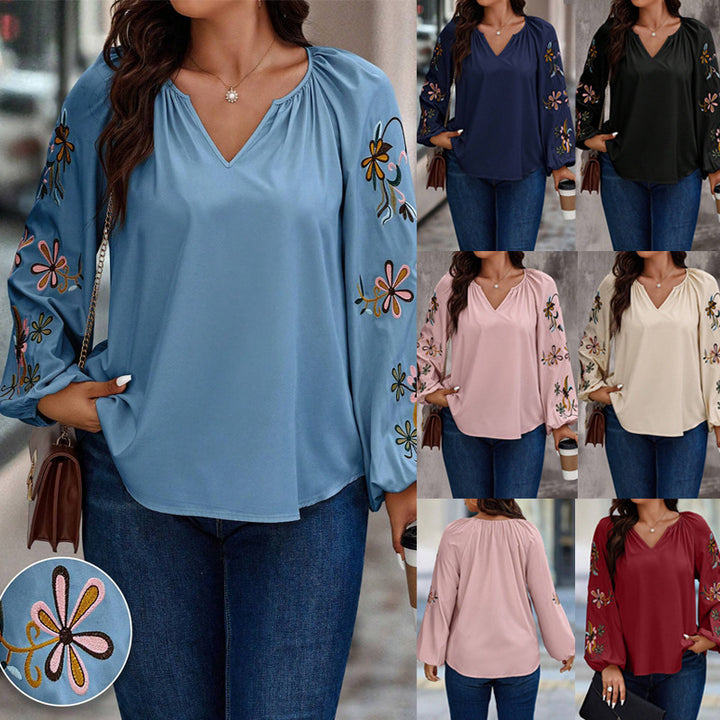 Women Loose Fit V-Neck Blouse with Floral Embroidery on Balloon Sleeves Mune Fashion