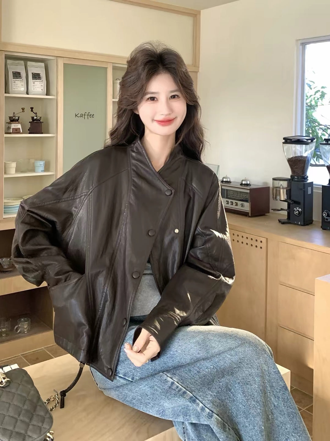 Women's Oversized Biker Jacket made of Faux Leather with Wide Lapels and Voluminous Sleeves Mune Fashion