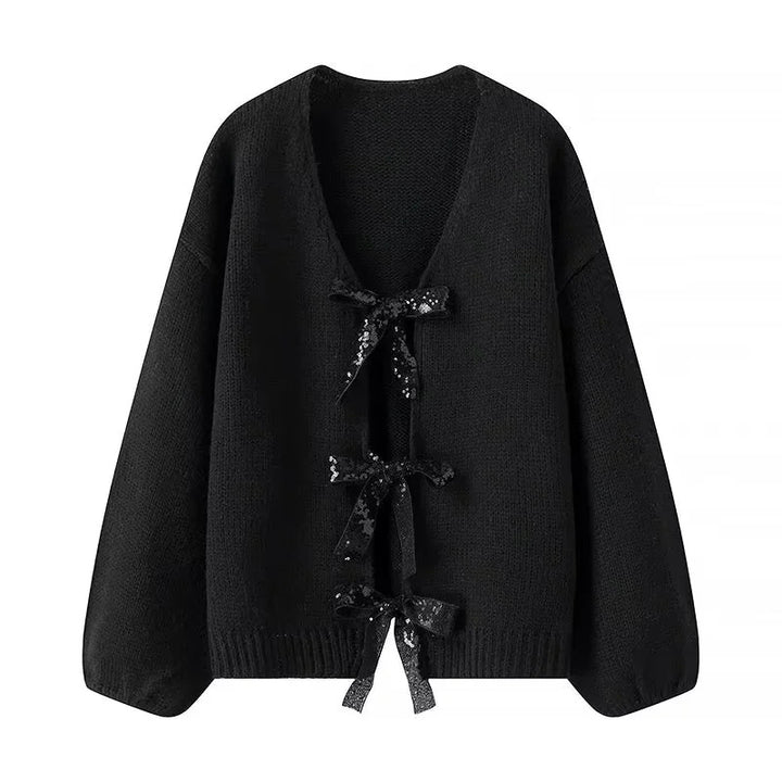 Women nan Oversize knit cardigan with deep V-neck and decorative sequin bows Mune Fashion