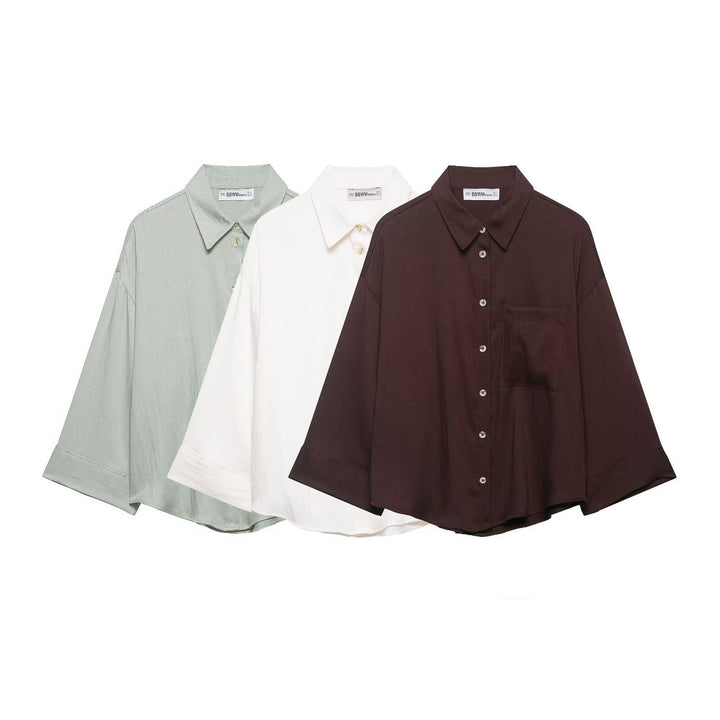 Women Oversized Shirt Blouse with Dropped Shoulders, Three-Quarter Sleeves and Chest Pocket Mune Fashion