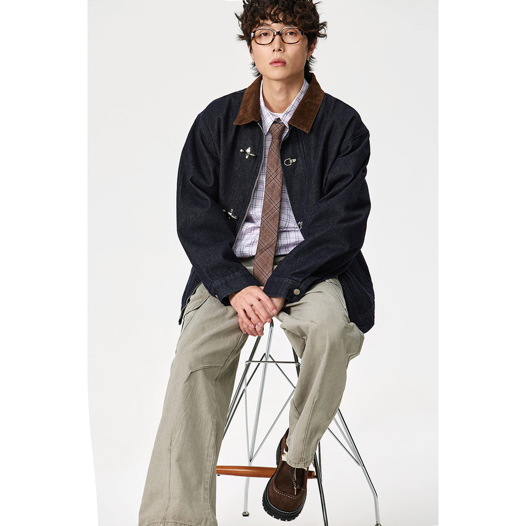 Men's sharply tailored denim workwear blouson with corduroy lapel and metallic hook fasteners Mune Fashion