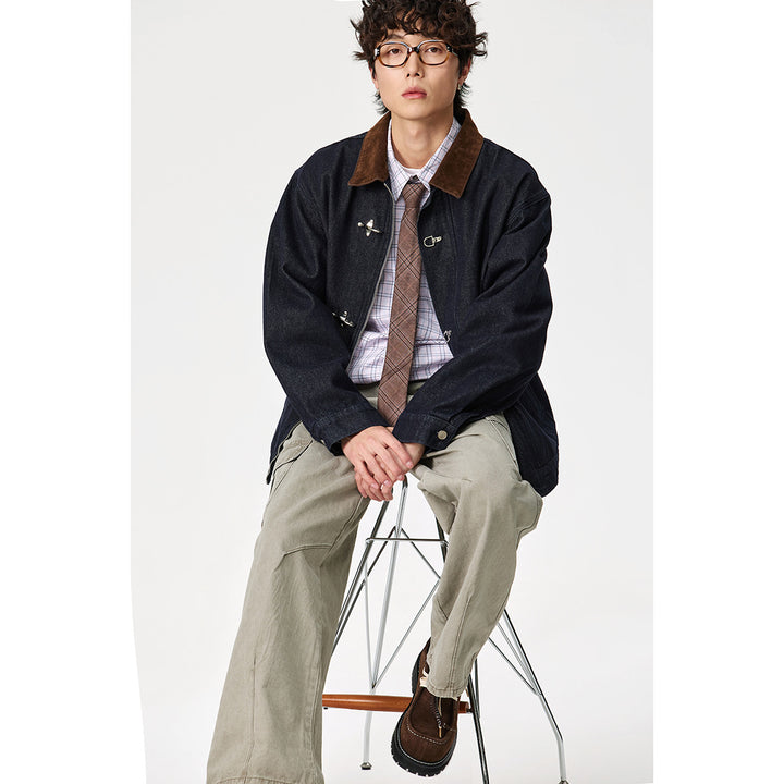 Men's sharply tailored denim workwear blouson with corduroy lapel and metallic hook fasteners Mune Fashion