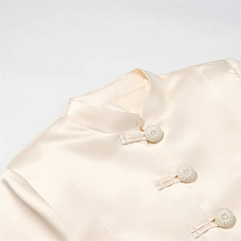 Women's Tailored Jacket with Mandarin Collar and Decorative Fabric Knot Mune Fashion