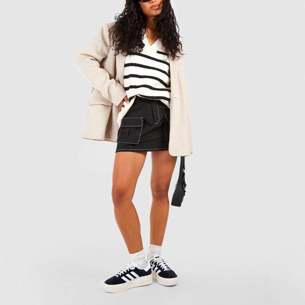Women's Fashionable Knitted Sweater with V-Neck and Striped Pattern
