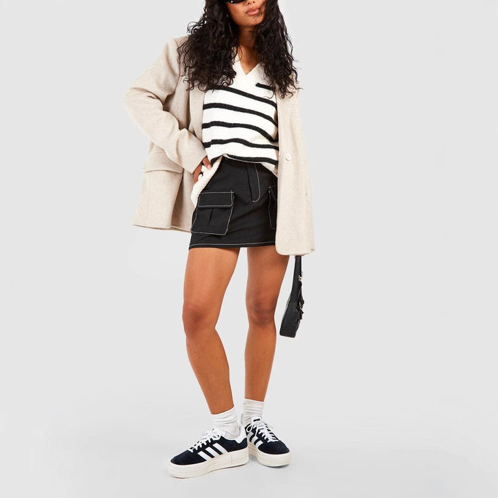 Women's Fashionable Knitted Sweater with V-Neck and Striped Pattern