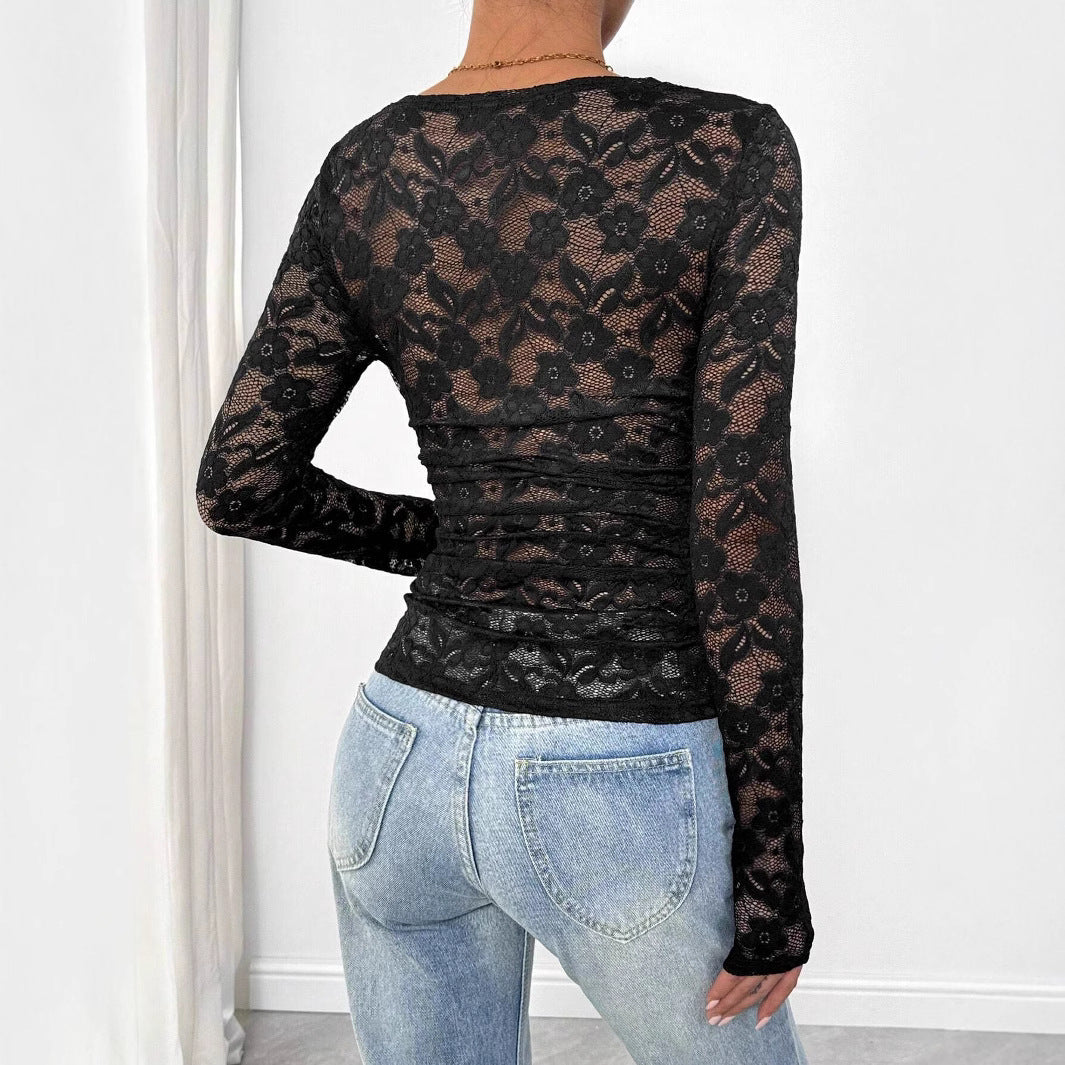 Women's figure-hugging lace top with square neckline and long sheer sleeves Mune Fashion