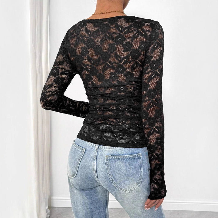 Women's figure-hugging lace top with square neckline and long sheer sleeves Mune Fashion