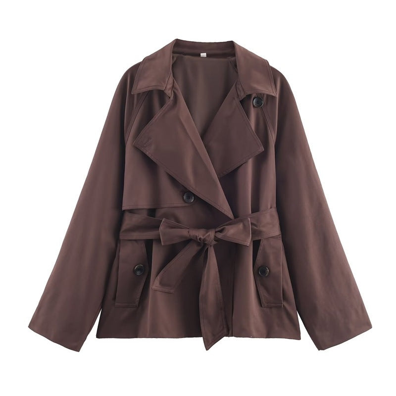 Ladies Cropped Trench Coat with Shawl Collar, Tie Belt and Flap Pockets Mune Fashion
