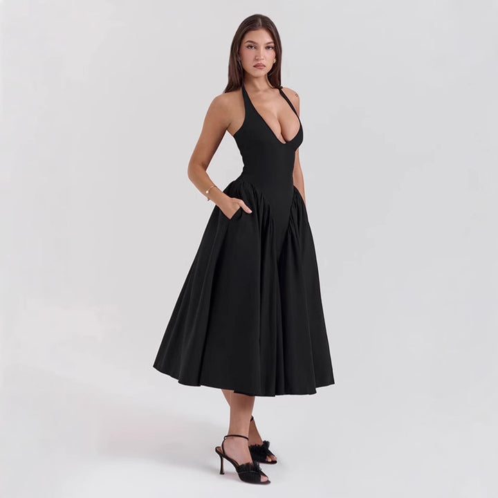Women's figure-flattering halter bustier midi dress with tailored bodice and wide circle skirt Mune Fashion