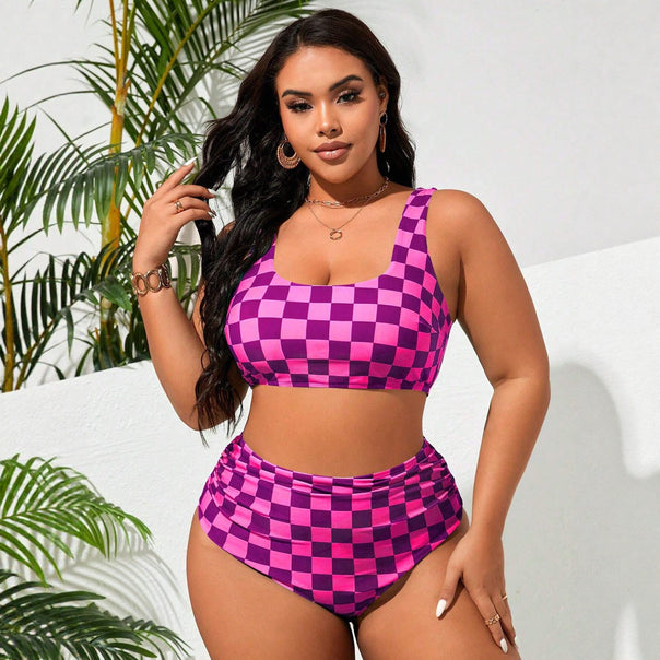 Women's High-Waisted Bikini Set with Checkered Design Mune Fashion