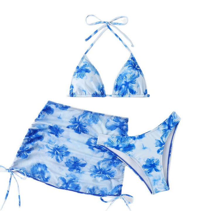 Women's Triangle Bikini Set with Adjustable Straps and Floral Wrap Skirt Mune Fashion