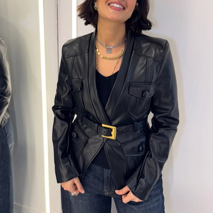 Women's Tailored Leather Blazer in Corset Style with Wide Buckle Belt and Flap Pockets Mune Fashion