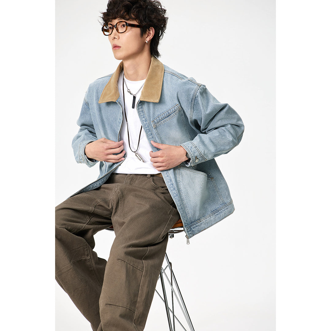 Men's Relaxed Denim Jacket with Contrast Corduroy Collar and Slanted Chest Pocket Mune Fashion