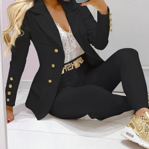 Women Tailored Two-Piece Blazer with Gold Buttons and Slim-Fit Pants Mune Fashion