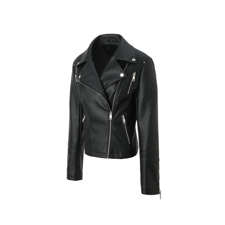 Women's Fitted Biker Jacket made of soft faux leather with quilted shoulder and sleeve section Mune Fashion