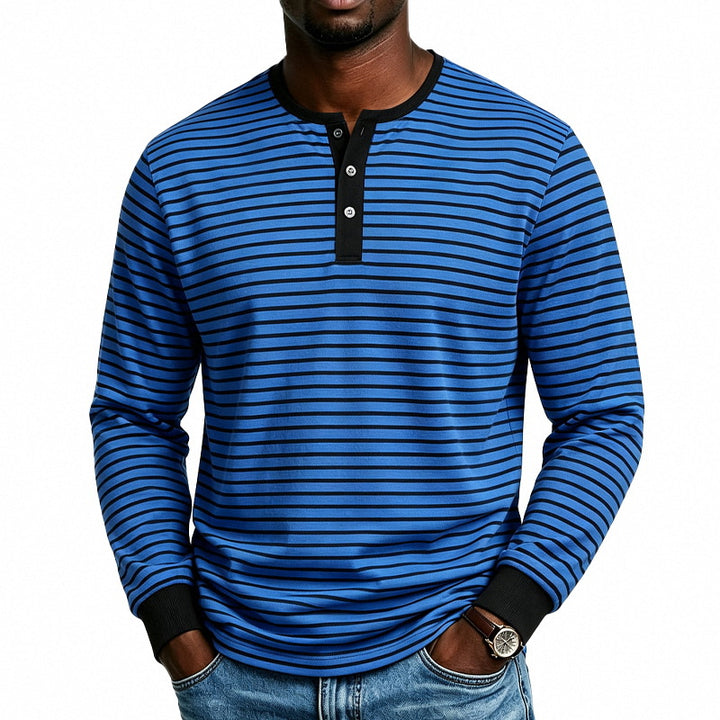 Men Striped Long Sleeve Henley Shirt Made of Cotton Blend with Button Placket Mune Fashion