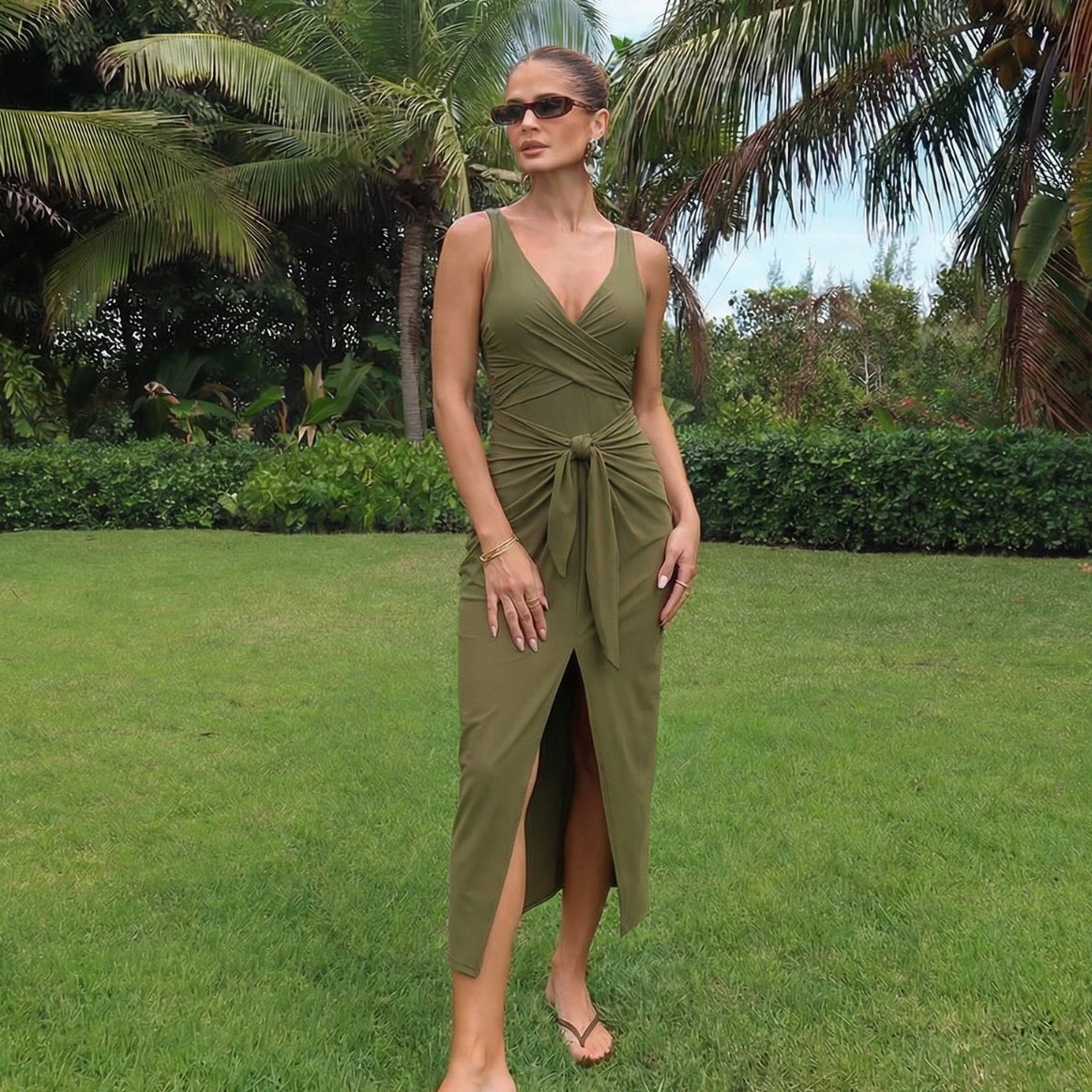 Women's One-piece Swimsuit with fashionable wrap design and elastic ruffle details Mune Fashion