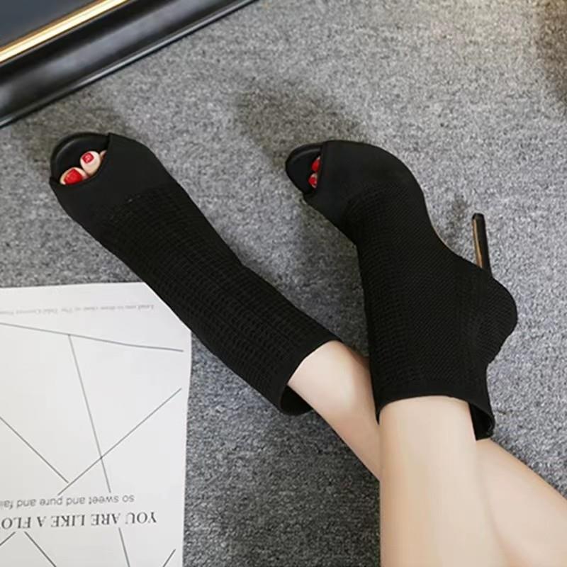 Ladies knitted peeptoe ankle boots with elastic shaft, padded insole, and narrow stiletto heel Mune Fashion