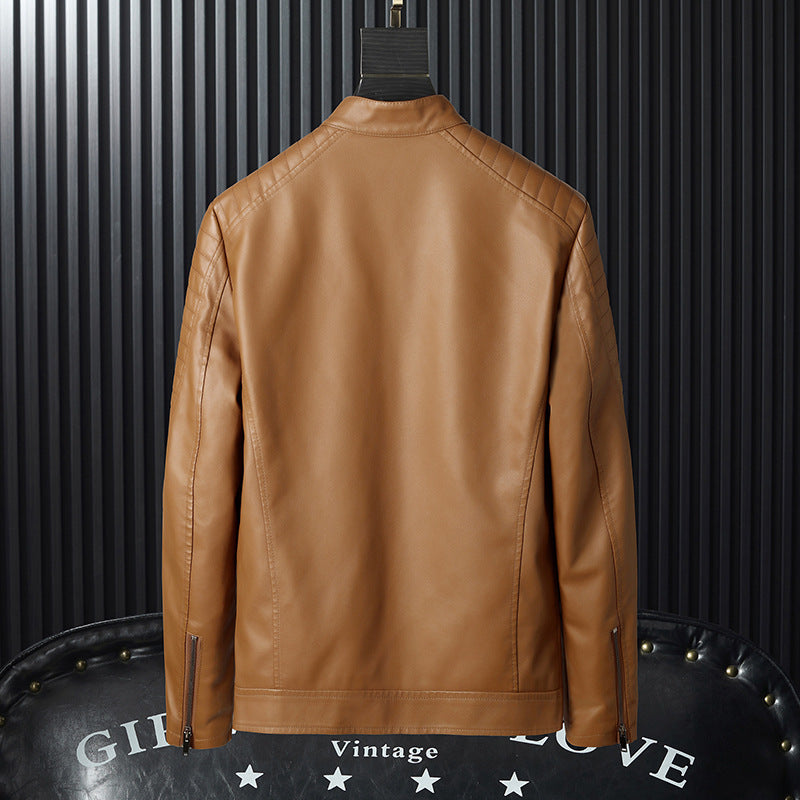 Men's Faux Leather Moto Jacket with Quilted Shoulder, Stand Collar and Zipper Mune Fashion