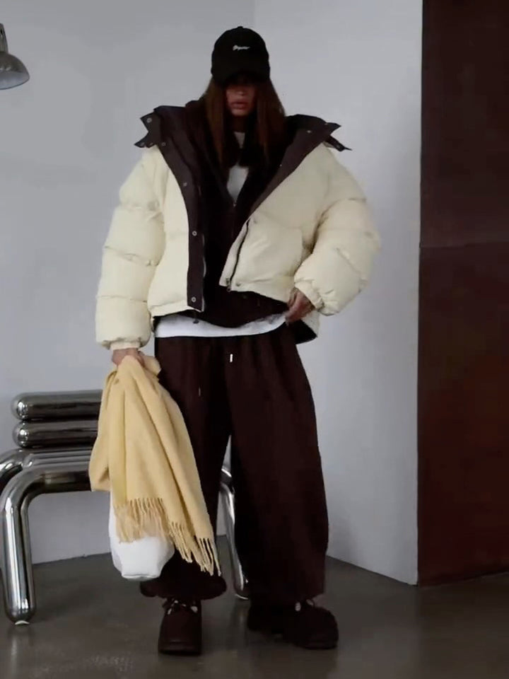 Women's Short Oversized Padded Jacket with High Collar and Quilted Lining Mune Fashion