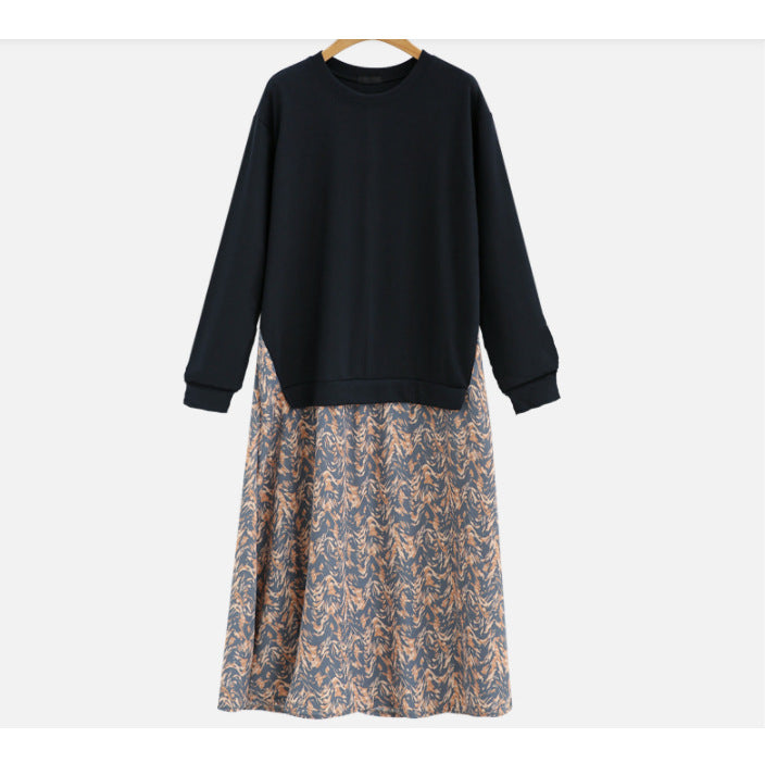 Women's casual layered dress with sweatshirt top and printed midi skirt Mune Fashion