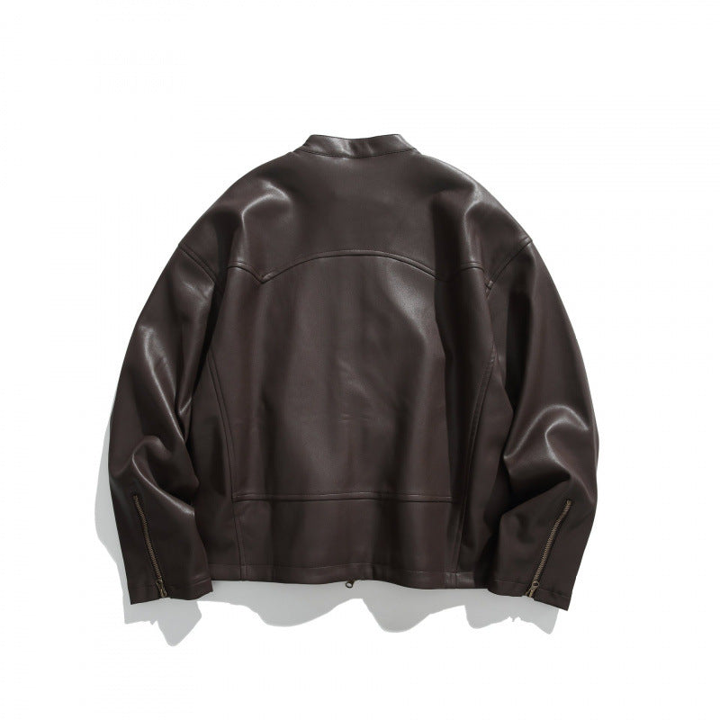 Men's short jacket made of vegan leather with a stand-up collar, three zip pockets, and two-way zipper Mune Fashion
