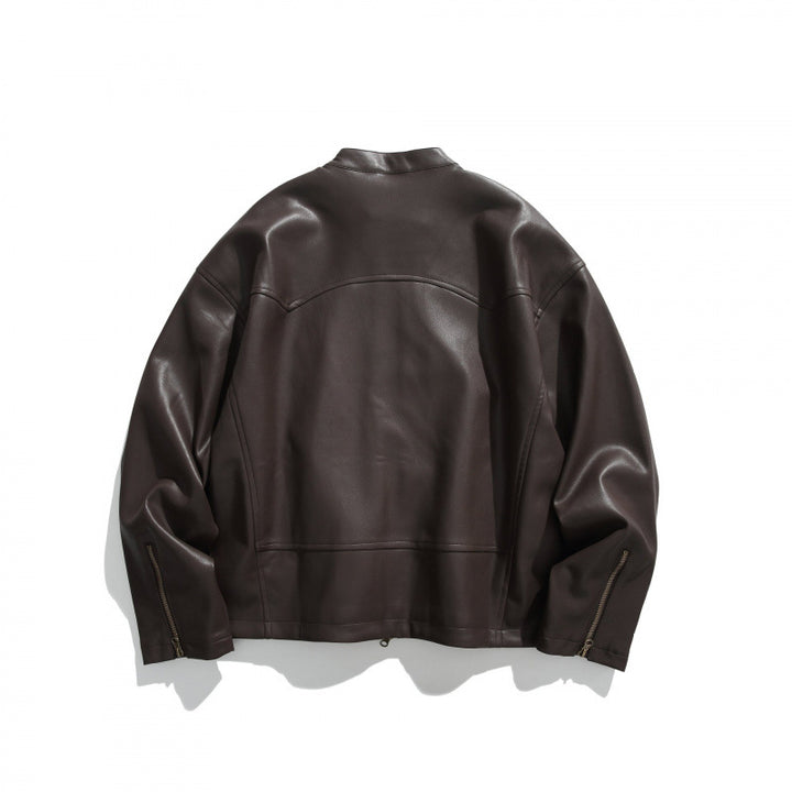 Men's short jacket made of vegan leather with a stand-up collar, three zip pockets, and two-way zipper Mune Fashion