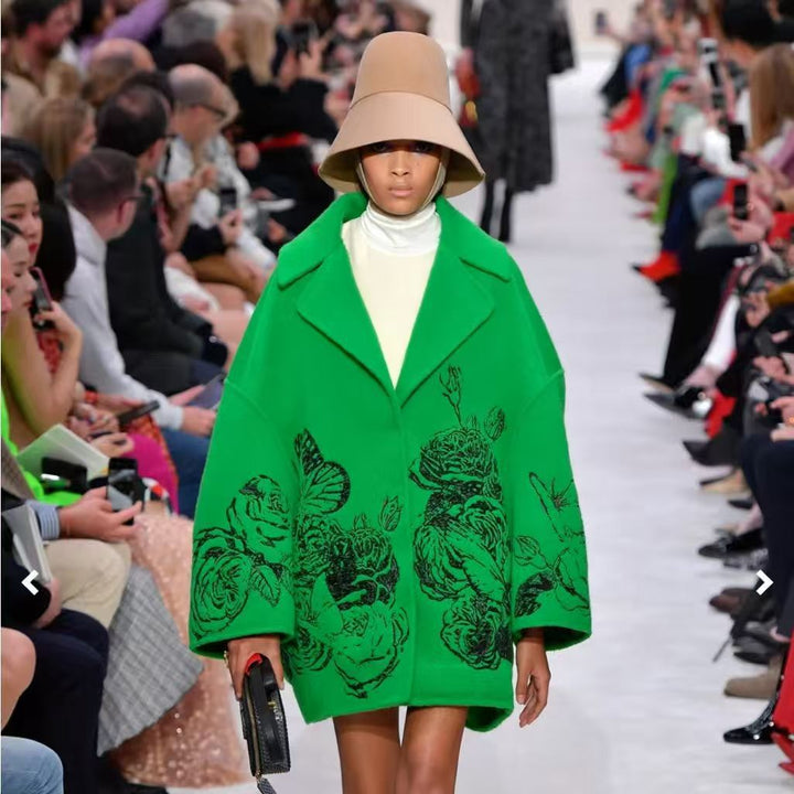 Ladies Oversized Wool Blend Coat with Floral Print and Embroidery Look Mune Fashion