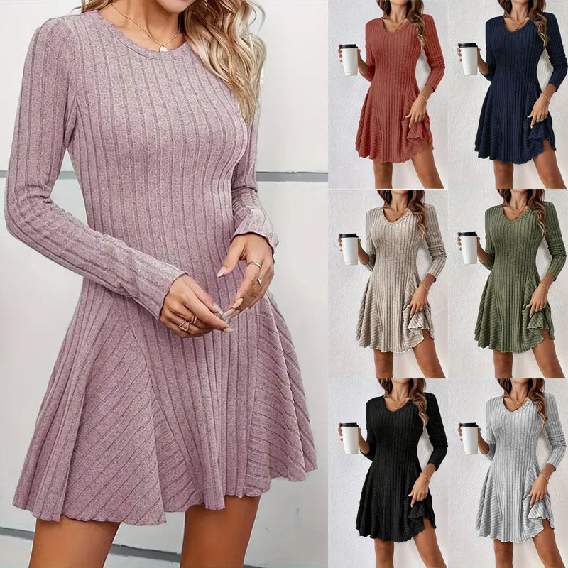 Women's Ribbed V-Neck Mini Dress with Flared Skirt and Patch Pockets Mune Fashion
