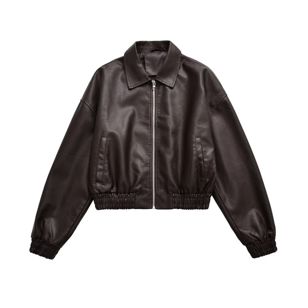 Women's Short Boxy Bomber Jacket in Vegan Leather Look with Shirt Collar and Elastic Waistband Mune Fashion