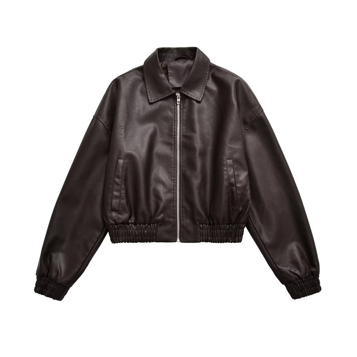 Women's Short Boxy Bomber Jacket in Vegan Leather Look with Shirt Collar and Elastic Waistband Mune Fashion