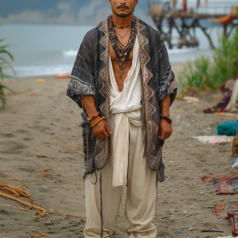 Men's Lightweight Boho Kimono Coat with Ethno Embroidery Mune Fashion