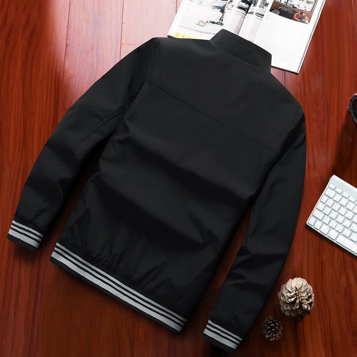 Men's Lightweight Windbreaker Blouson with Stand Collar, Zipper Pockets and Striped Ribbed Cuffs Mune Fashion