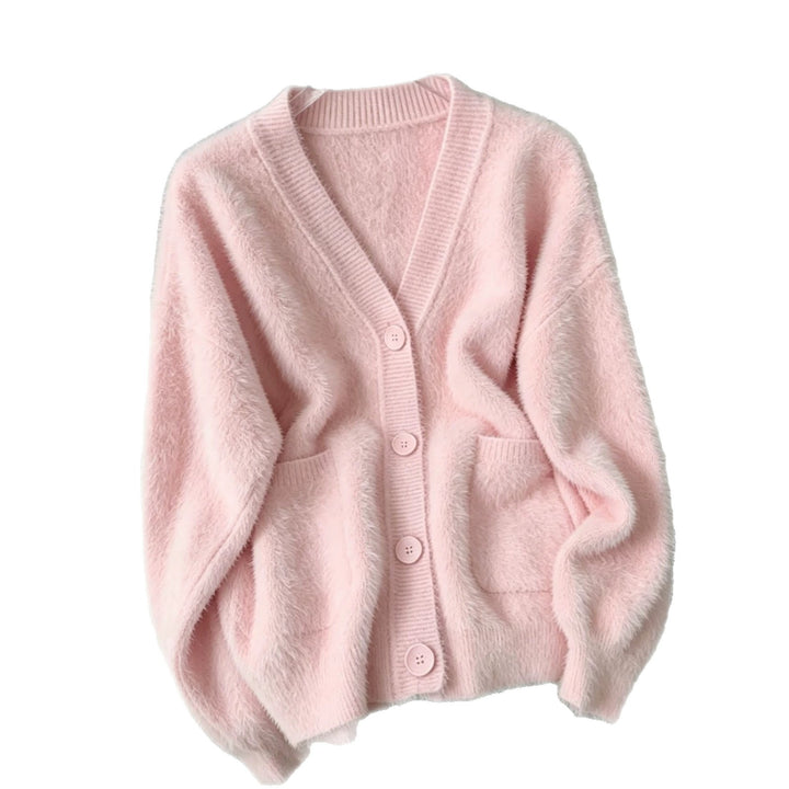 Women's Fluffy Cardigan with Deep V-Neck, Ribbed Button Placket and Patch Pockets Mune Fashion