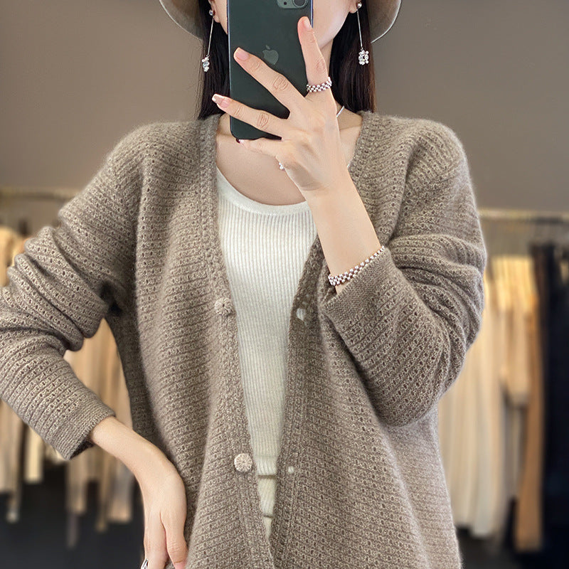 Women's Open Ajour Knit Cardigan with Subtle Plush Finish and Boxy Oversize Silhouette Mune Fashion