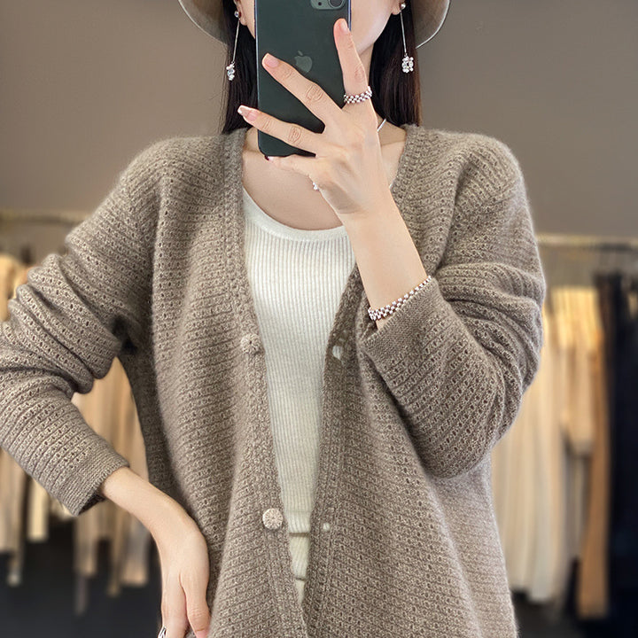 Women's Open Ajour Knit Cardigan with Subtle Plush Finish and Boxy Oversize Silhouette Mune Fashion