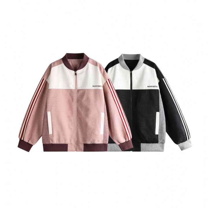 Unisex Short Cut Boxy Bomber Jacket in Sportline Style with Full Zip, Contrasting Stripe Sleeves and Ribbed Cuffs Mune Fashion