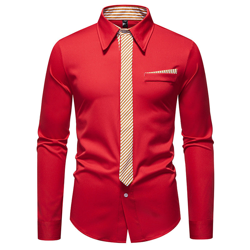 Men's Slim-Fit Business Shirt with Integrated Tie Look and Chest Pocket Mune Fashion