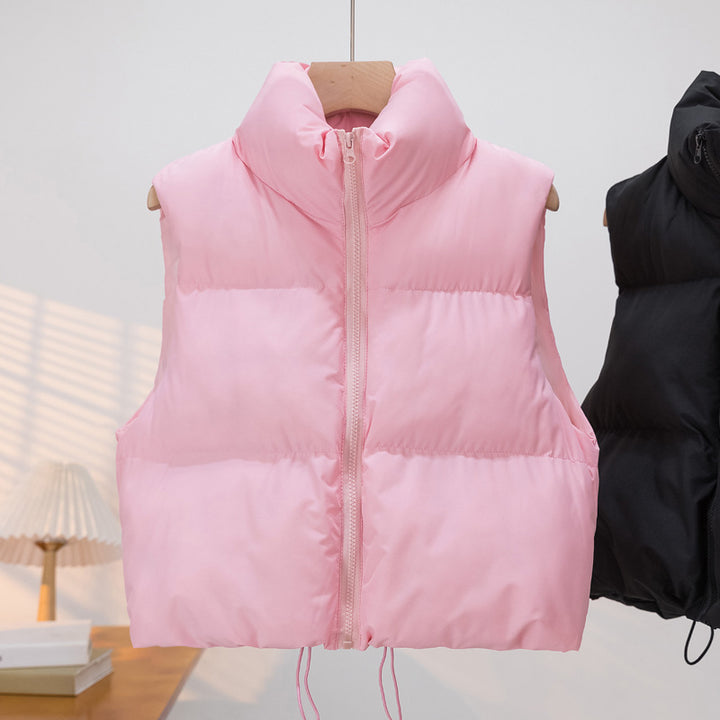 Women's Short Cut Quilted Down Vest with Stand-up Collar and Drawstring Mune Fashion