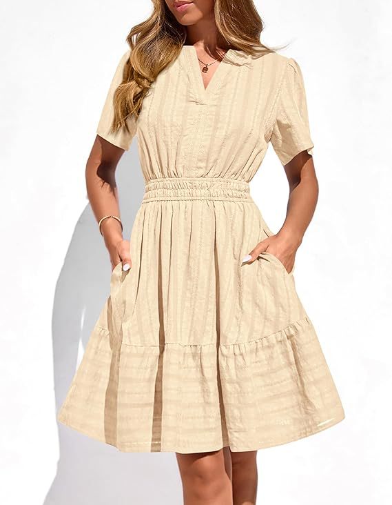 Women's Tailored Tiered Midi Dress with Smocked Waist, V-Neck and Pockets Mune Fashion