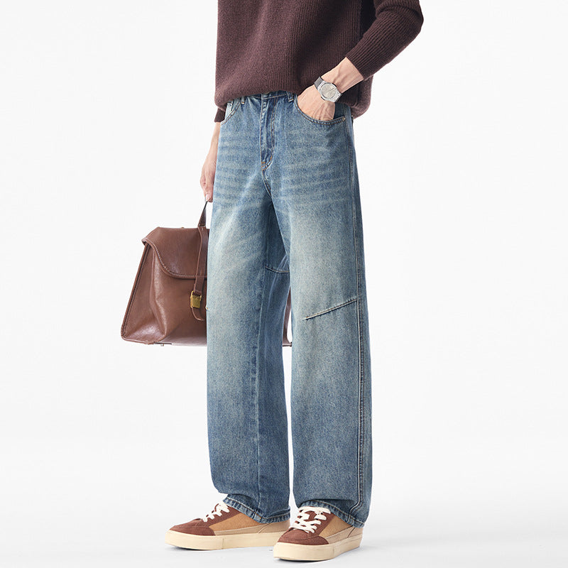 Men's Wide Vintage Denim Jeans with Distinctive Knee Seam and Loose Fit Mune Fashion