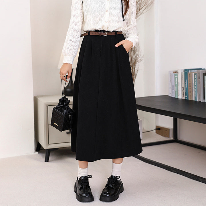 Women's fitted A-line corduroy skirt with box pleats and imitation leather belt Mune Fashion