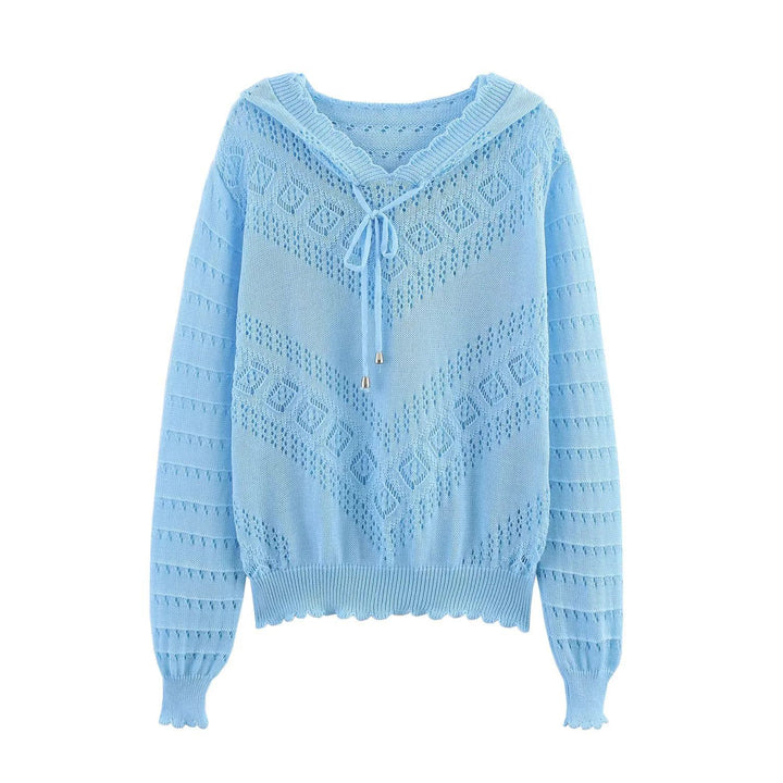 Women's hooded knitted pullover with openwork pattern, drawstring, and balloon sleeves Mune Fashion