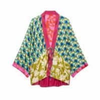 Women's Patchwork Kimono Top made of silk blend with deep V-neck and tie belt Mune Fashion
