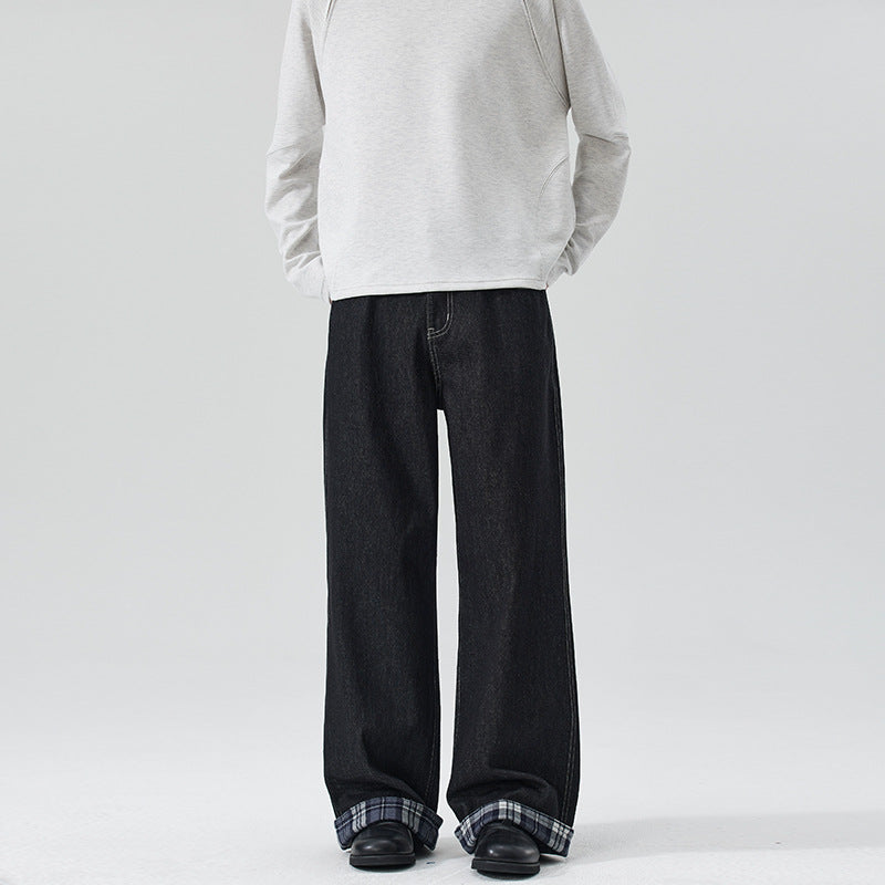Men's Extra Wide Denim Palazzo Jeans with Cuffed Plaid Cuff and Visible Seam Mune Fashion