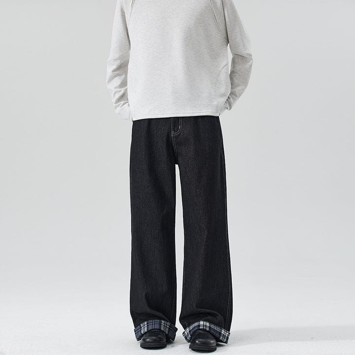 Men's Extra Wide Denim Palazzo Jeans with Cuffed Plaid Cuff and Visible Seam Mune Fashion