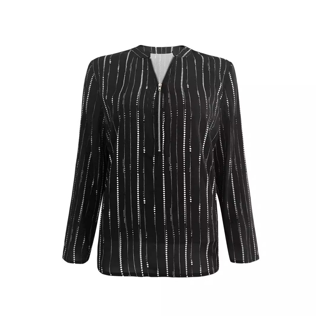 Women's Lightweight Viscose Blouse with Stand-up Collar, Zipper and Vertical Polka Dot Stripes Mune Fashion