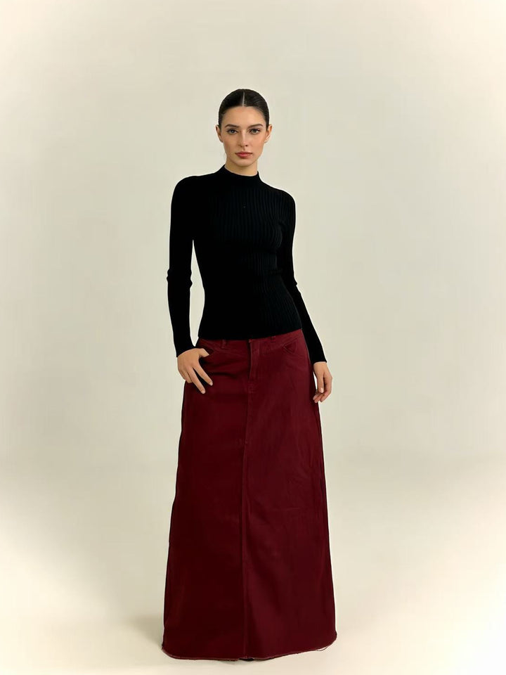 Ladies nan longer High-Waist Denim Maxi Skirt with straight silhouette and raw hem Mune Fashion