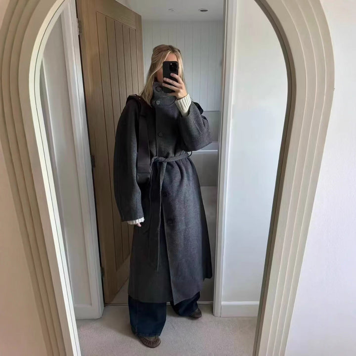 Women Tailored Wool Blend Coat with Tie Belt, Large Lapel and Warming Inner Flap Mune Fashion